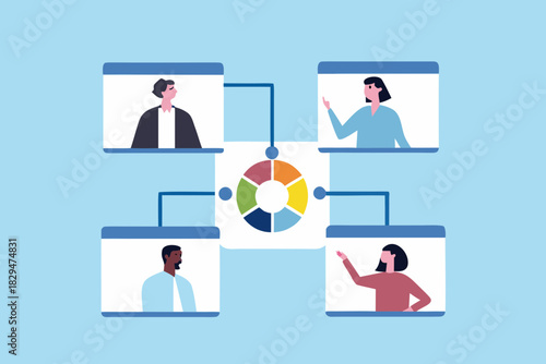Virtual meeting with data analysis and diverse participants illustration