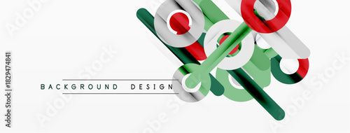 Abstract geometric shapes overlap. Red, green, white colors create dynamic composition. Minimalist design suitable for backgrounds.