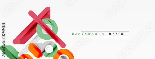 Abstract geometric shapes overlap, creating dynamic composition. Minimalist design utilizes bright colors, clean lines, simple forms.