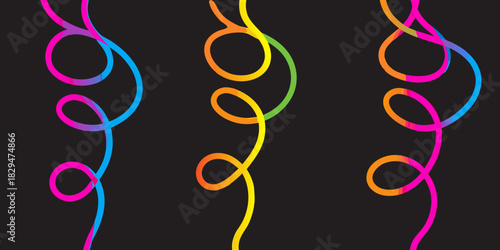 Colorful gradient serpentine streamers on black background for celebrations and parties