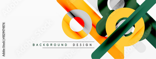 Abstract geometric shapes overlap. Orange, green, white colors create dynamic composition. Modern design element for backgrounds.