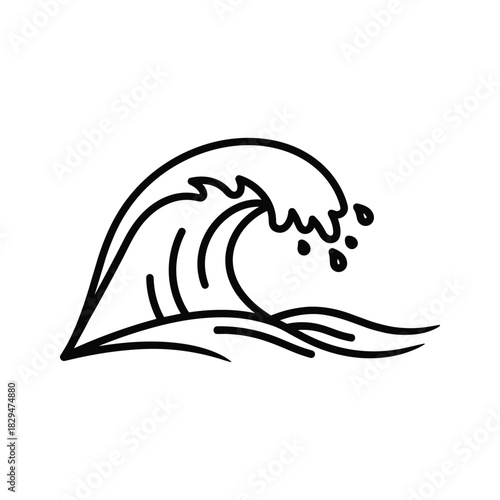 Hand-drawn stylized ocean wave vector illustration, simple black outline for summer and sea themes