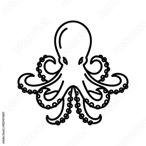Minimalist outline octopus icon, marine life graphic with symmetrical tentacles and suction cups design