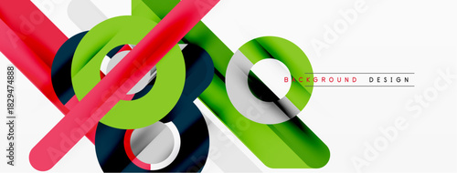 Abstract geometric shapes overlap. Red, green, gray, black colors create modern design. Minimalist composition, clean lines present.