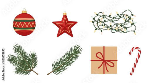 Beautiful Christmas and Winter Vector Icon Set with Festive Baubles, Star Ornaments, Twinkle Lights, Pine Branches, Wrapped Gift, and Candy Cane Holiday Decorations