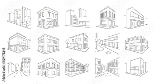 Urban Architectural Sketch: A collection of meticulously drawn perspective sketches showcasing a diverse array of urban buildings and structures.