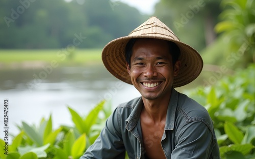 Smiling Indonesian Farmer Posing by Tranquil River. High quality