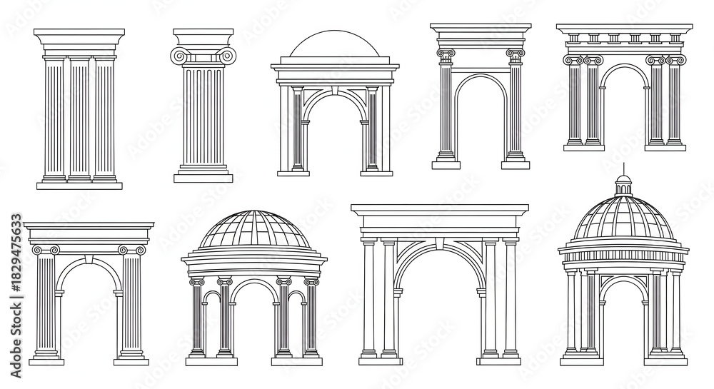 Naklejka premium Architectural Symphony of Structures: A comprehensive collection of architectural elements showcases a symphony of designs and structures.