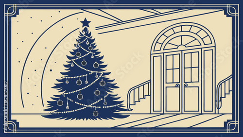 Elegant christmas tree illustration with vintage art deco border in front of a grand building entrance with stairs, evoking a festive and classic holiday season.