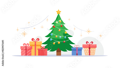 Decorated christmas tree with a golden star and colorful lights, surrounded by various festive gift boxes and sparkling ornaments on a clean background, representing holiday joy and celebration.
