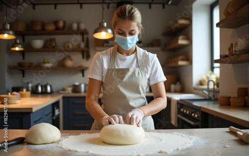 From below of female baker in mask and shield standing at table in kitchen and making round shaped bread from raw dough while working in bakehouse. High quality