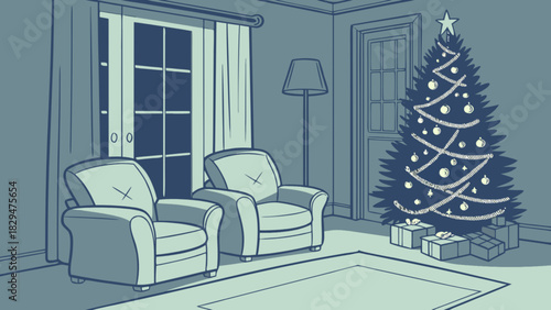 Charming minimalist illustration of a tranquil christmas living room, featuring a beautifully adorned holiday tree, wrapped presents, comfortable armchairs, and warm festive atmosphere.