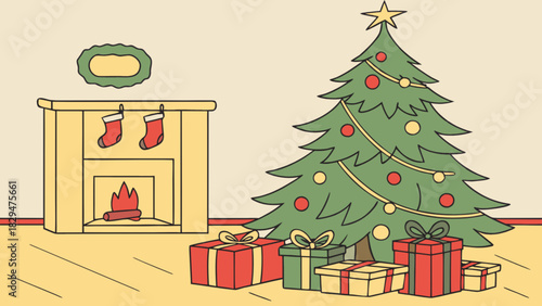 Festive christmas scene with a beautifully decorated fir tree, wrapped presents, and a cozy fireplace adorned with hanging stockings, perfect for holiday greetings and seasonal celebrations