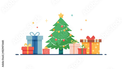 Decorated christmas tree with a shining star on top and festive string lights, surrounded by a collection of various sized and colored wrapped gift boxes, celebrating the holiday spirit.