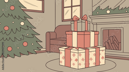Festive holiday scene with beautifully wrapped christmas gifts stacked beside a decorated tree and a cozy fireplace in a warm, inviting living room setting for winter season celebrations.
