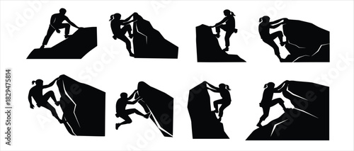 silhouettes of rock climbers isolated on white background
