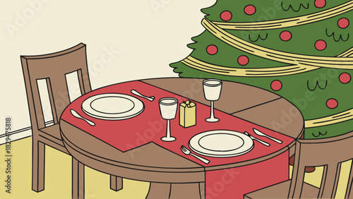 Cozy christmas dinner table setting illustration with festive decorations, including a decorated tree, prepared for a holiday meal, creating a warm, joyful, celebratory atmosphere.