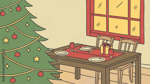 Christmas dinner table setting with a beautifully decorated tree and a festive gift box in a warm cozy home interior, ready for holiday family gathering celebration