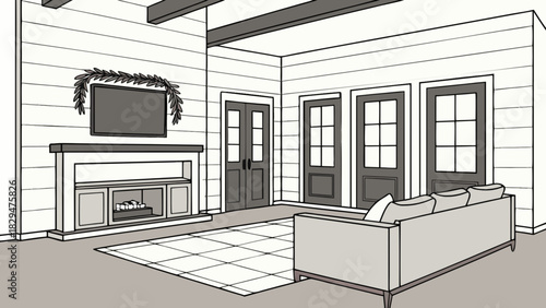 Monochromatic living room interior with contemporary decor, comfortable sofa, fireplace, tv, and decorative wreath, showcasing modern rustic design and architectural elements in clean line art.