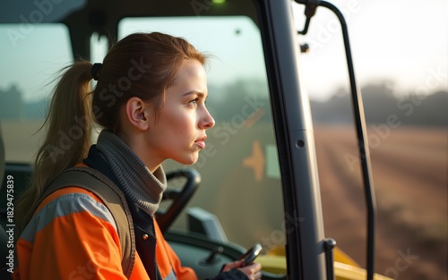 Woman operating heavy equipment. High quality
