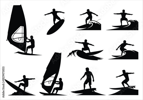 silhouettes of surfers and windsurfers riding waves isolated 