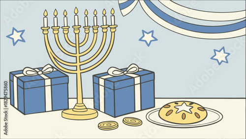 A vibrant hanukkah celebration flat illustration featuring a glowing menorah with festive lit candles, blue gift boxes, traditional food, chocolate gelt, and star of david decorations.