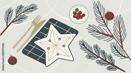 Festive flat lay illustration with christmas pine branches, elegant star plate, golden cutlery, and holiday ornaments, perfect for winter celebration designs and seasonal greetings.