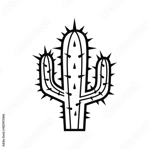 Stylized saguaro cactus vector icon, simple black and white desert plant illustration with sharp thorns