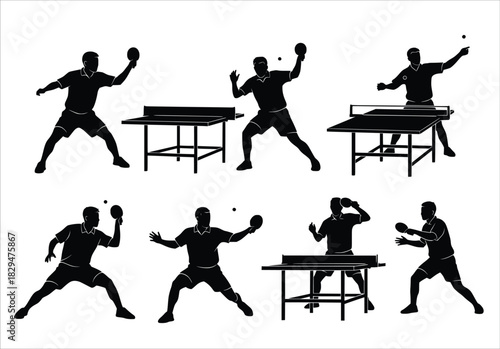 silhouettes of table tennis players in various actions 