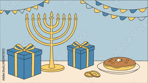 Hanukkah celebration vector illustration with a golden menorah, lit candles, blue gift boxes, a delicious jelly donut, gelt coins, and festive bunting. joyful holiday scene.