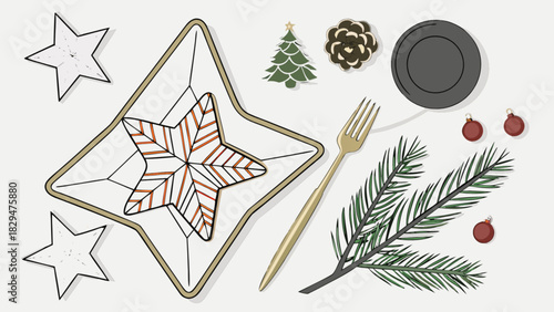 Holiday dinner table setting illustration with star-shaped plates, pine branches, christmas ornaments, a fork, and festive winter decorations on a light background