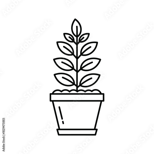 Outline illustration of a small potted plant growing, symbolizing nature, growth, and environment.