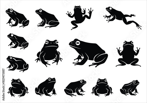 silhouettes of various frogs in different poses isolated on