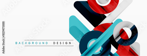 Abstract geometric shapes overlap, creating dynamic visual effect. White background emphasizes colorful design elements. Modern, clean aesthetic.