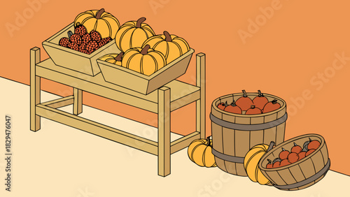 Autumn harvest display with vibrant orange pumpkins and red berries in wooden baskets on a rustic stand and barrels on the ground, illustrating seasonal farm market produce.