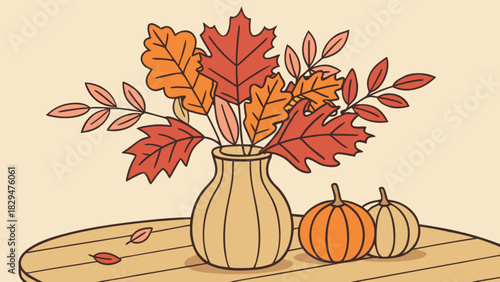 Autumn still life illustration with a vase of colorful fall leaves and two small pumpkins on a rustic wooden table, perfect for seasonal designs and thanksgiving themes.