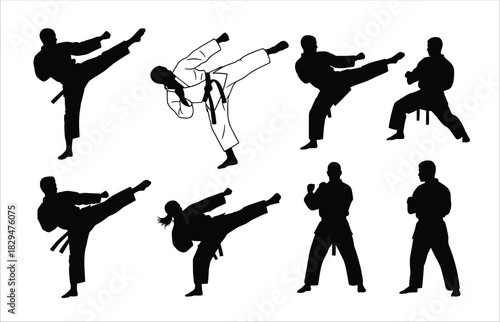  silhouettes of karate athletes demonstrating various 