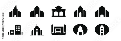 Collection of icons representing various building types in a simple design. Hotel, hospital, apartment, city, town house, mall, coffee, collection. Vector illustration.
