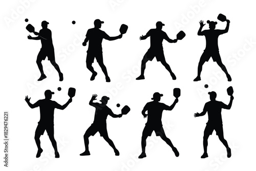 silhouettes of pickleball players in various actions