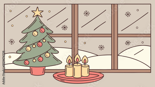Warm and festive indoor christmas scene with a decorated fir tree, three glowing lit candles, and a window view of falling snow and a serene winter landscape, creating a cozy holiday mood.
