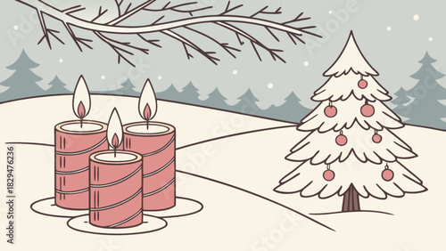 Winter holiday illustration with lit advent candles and a decorated christmas tree in a snowy landscape, symbolizing festive spirit and seasonal celebrations.