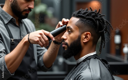 Unrecognizable crop male hairdresser using trimmer and grooming hair of man with dreadlocks in contemporary barbershop. High quality