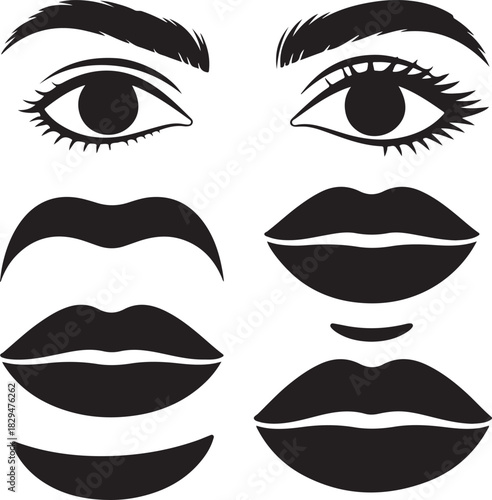 Abstract face illustration with expressive eyes and lips in black and white