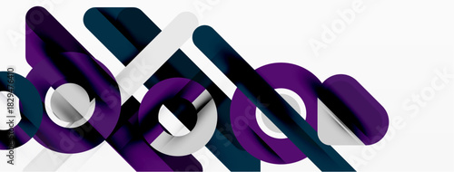 Abstract design features overlapping curved shapes. Purple, teal, gray colors create dynamic visual effect. Minimalist composition.