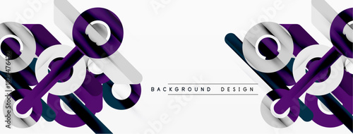 Abstract geometric shapes, purple, teal, white. Modern design elements create dynamic visual texture. Background includes text background design.