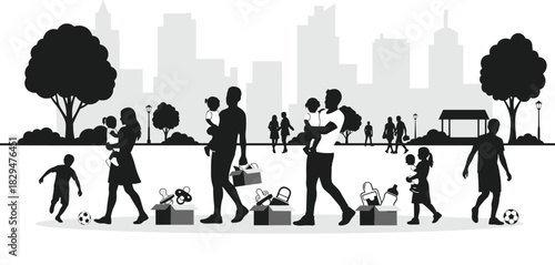 Black and White Silhouette Vector of Diverse Families Carrying Children and Shopping Bags, Representing Urban Consumerism, Parenthood, and City Lifestyle