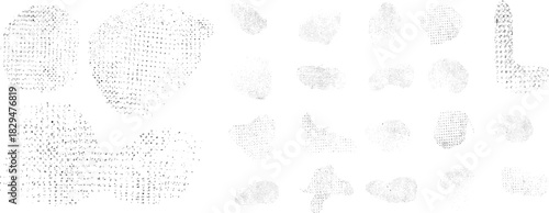 Set of dotted grungy abstract forms . Blob shape organic. Template for presentation, banner . Distressed isolated shape .Grunge textured . Distress vector shapes with halftone dots .Print texture