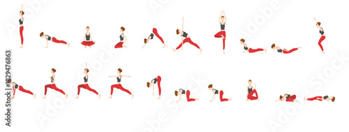 Stylized yoga poses icons collection in various design variations yoga vector set collection graphic design. Hand-drawn doodle set of 10 flexibility exercises yoga stretches vector illustration.