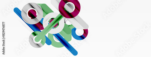 Abstract geometric shapes overlap, creating vibrant color composition. Clean design, modern aesthetic, simple forms dominate image.