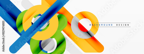 Abstract geometric shapes overlap, creating dynamic colorful composition. Modern design elements suggest innovation, energy.